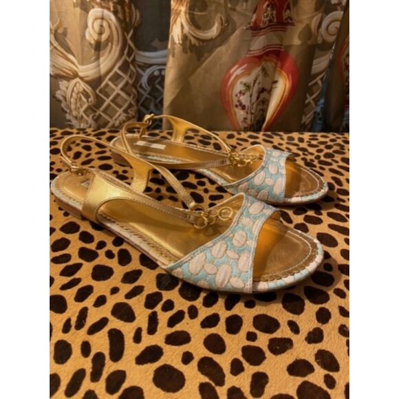 EUC Leifsdottir Gold Aqua Brocade T-Strap Chain Flat Sandals 38 1/2 8.5 - Picture 3 of 5